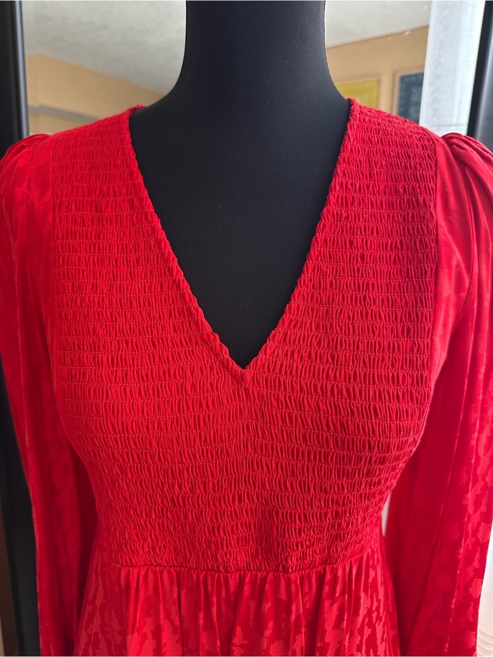 Maje Red Jacquard Smocked Mini Dress Long Sleeve Size 1 - Picture 2 of 16